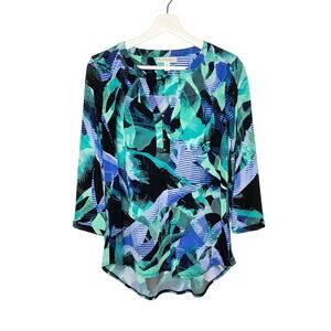Dana Buchman Green Blue Black Blouse Partial Button Front Top Small